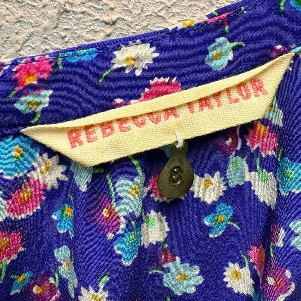 Rebecca Taylor 8 Blue Pink Floral Silk Spaghetti Strap Dress Preppy Luxury Artsy